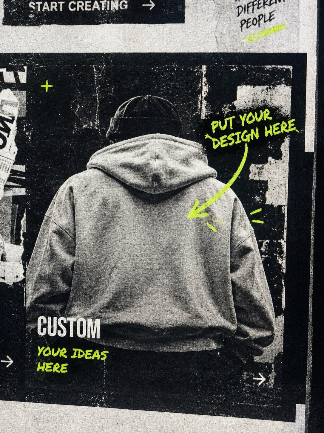 Model photographed from behind wearing a blank custom hoodie, with a 'put your design here' collage callout