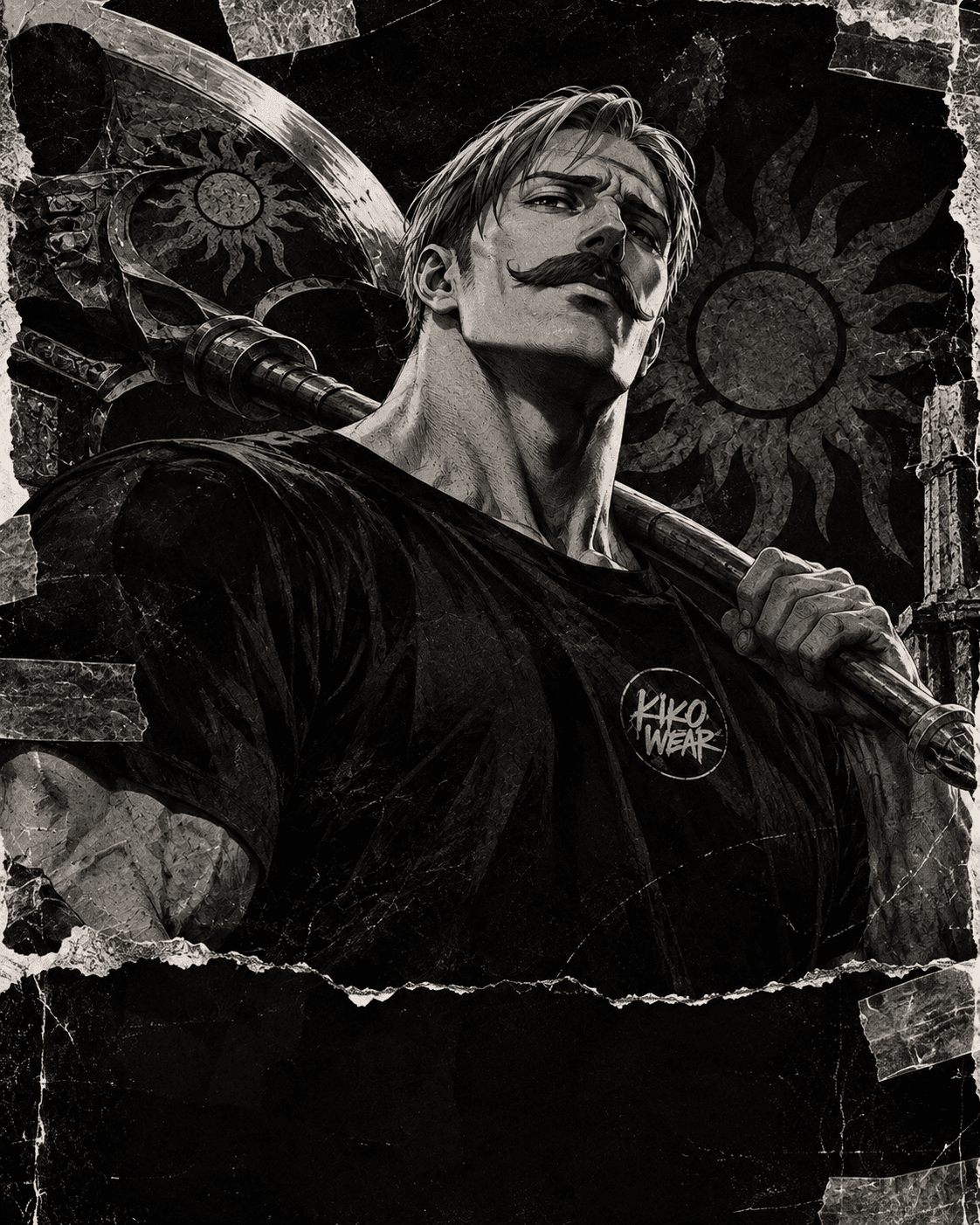 Escanor illustrated in a distressed black-and-white collage