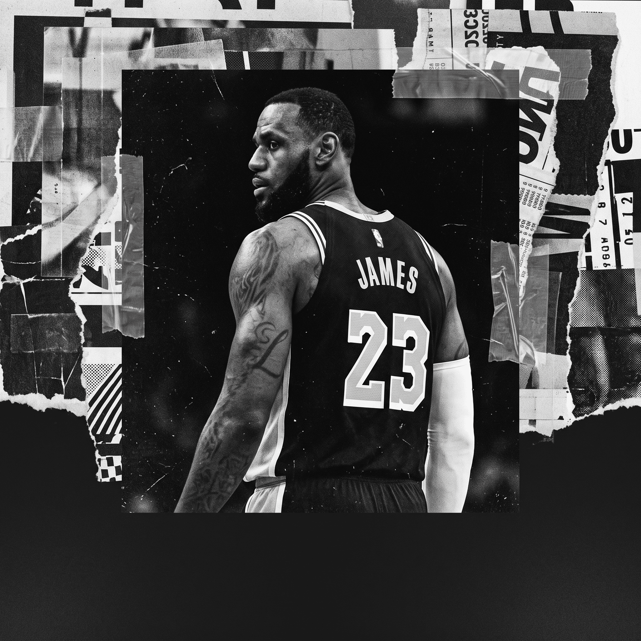 LeBron James wearing number 23, in a basketball collage